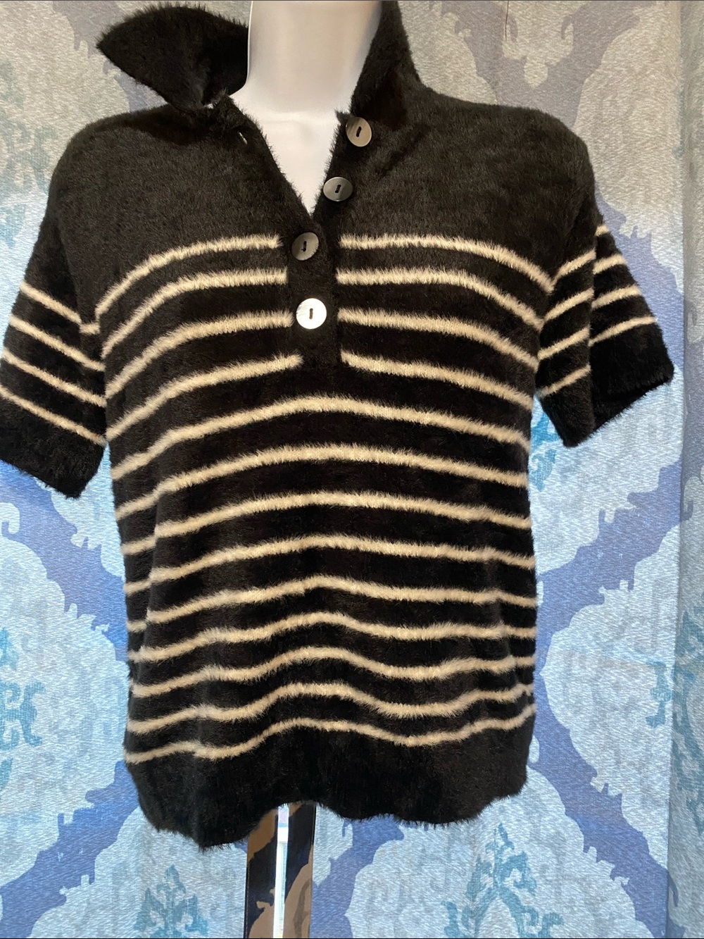 Woman’s Black & Cream Striped Short-Sleeve Sweater